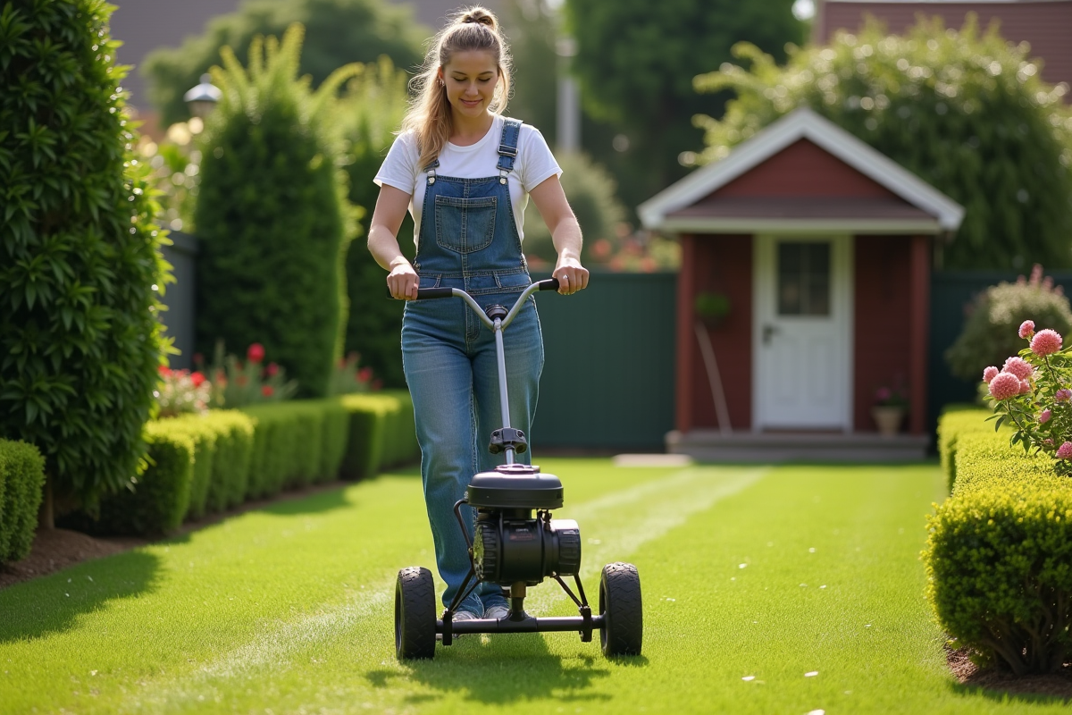 Jeune femme en salopettes poussant un aérateur de pelouse dans un jardin résidentiel