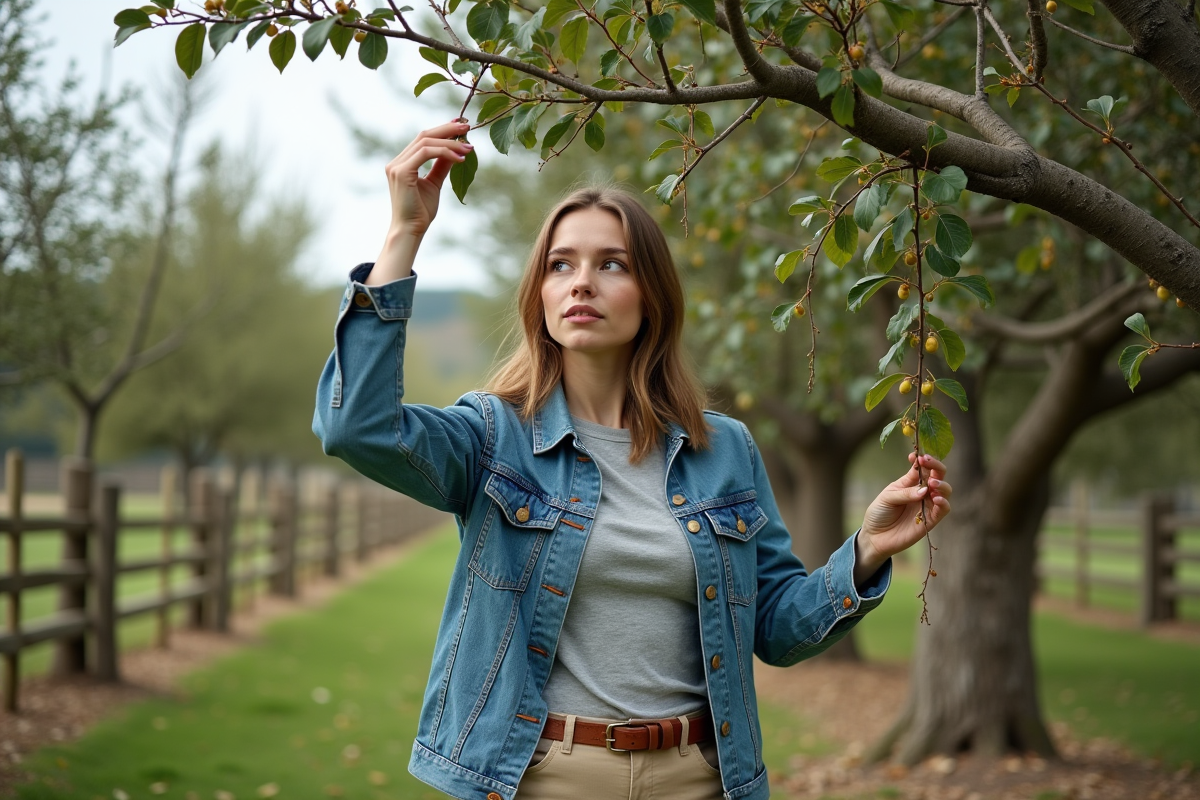 Jeune femme examine des branches de pommier avec gui