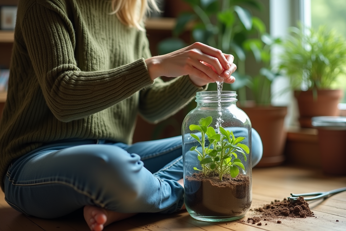 Jeune femme versant de l'eau dans un terrarium vert