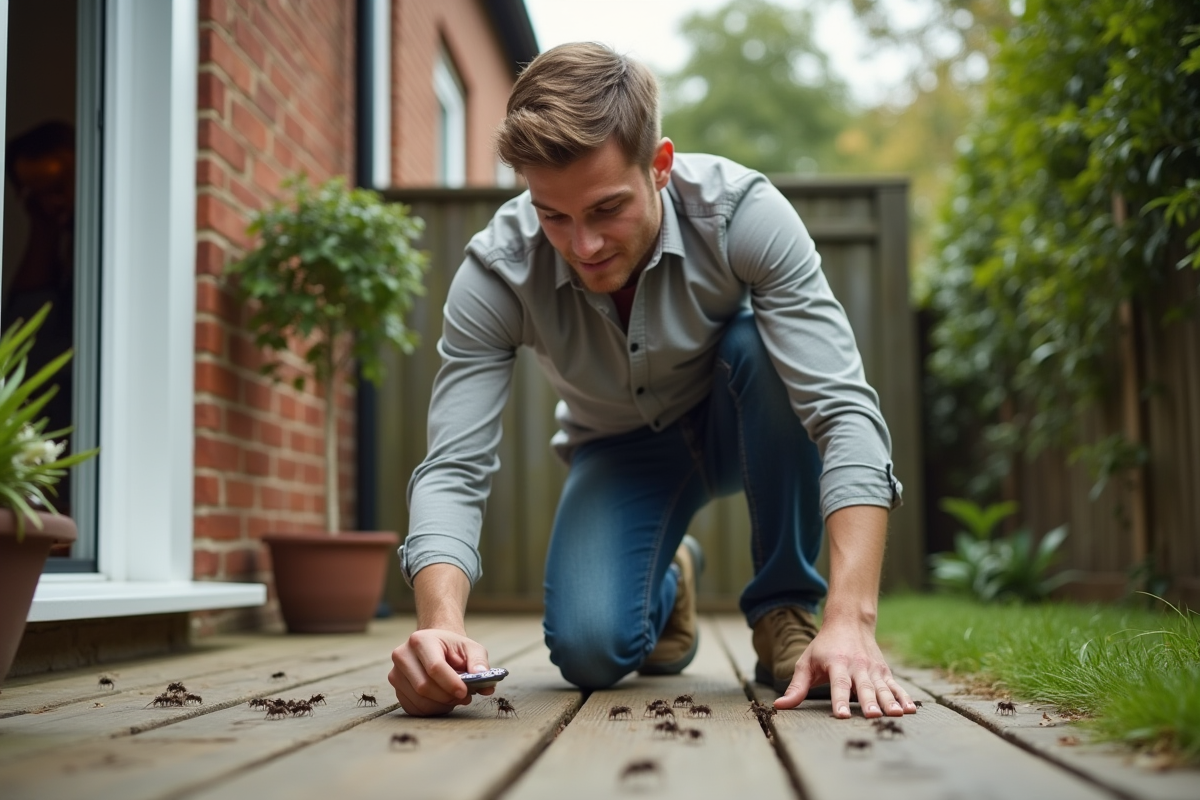 Jeune homme examinant une ligne de fourmis dans le jardin