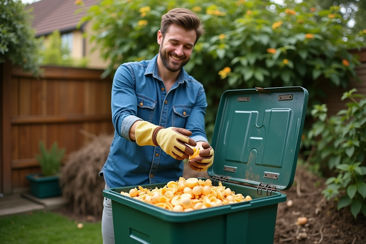 Jeune homme ajoutant des épluchures de pommes de terre dans un composteur extérieur