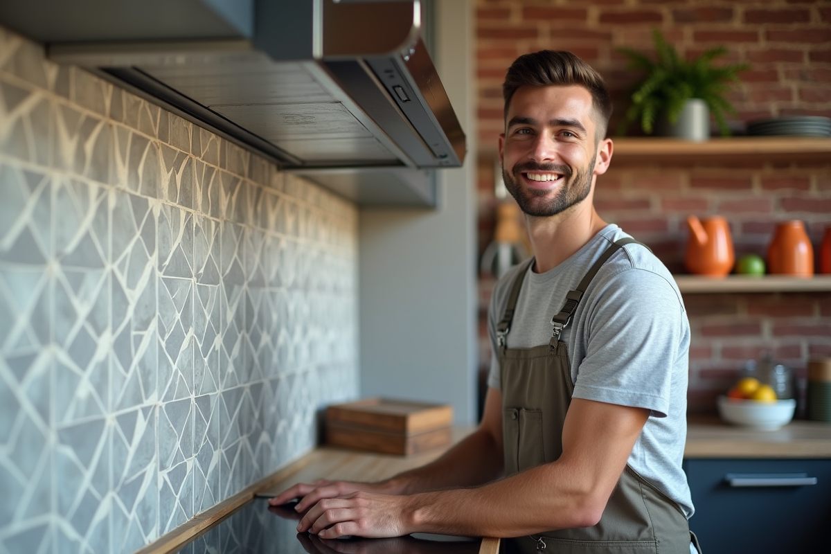 Jeune homme en T-shirt et tablier posant un backsplash géométrique