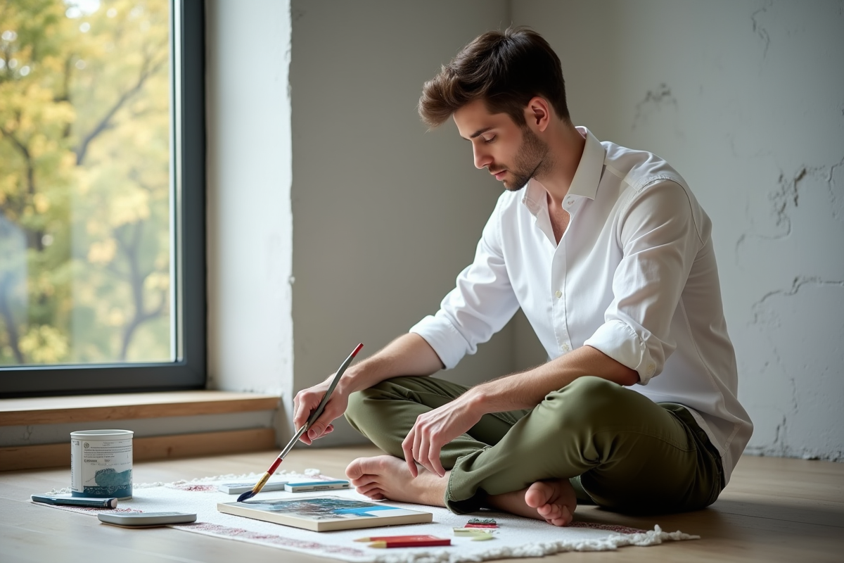 Jeune homme peignant sur une toile dans un espace créatif intérieur