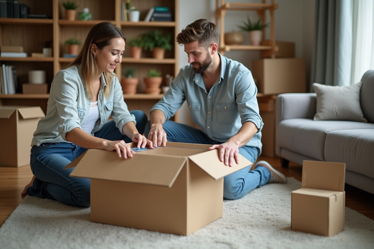 Jeune couple emballant des cartons dans un salon organisé