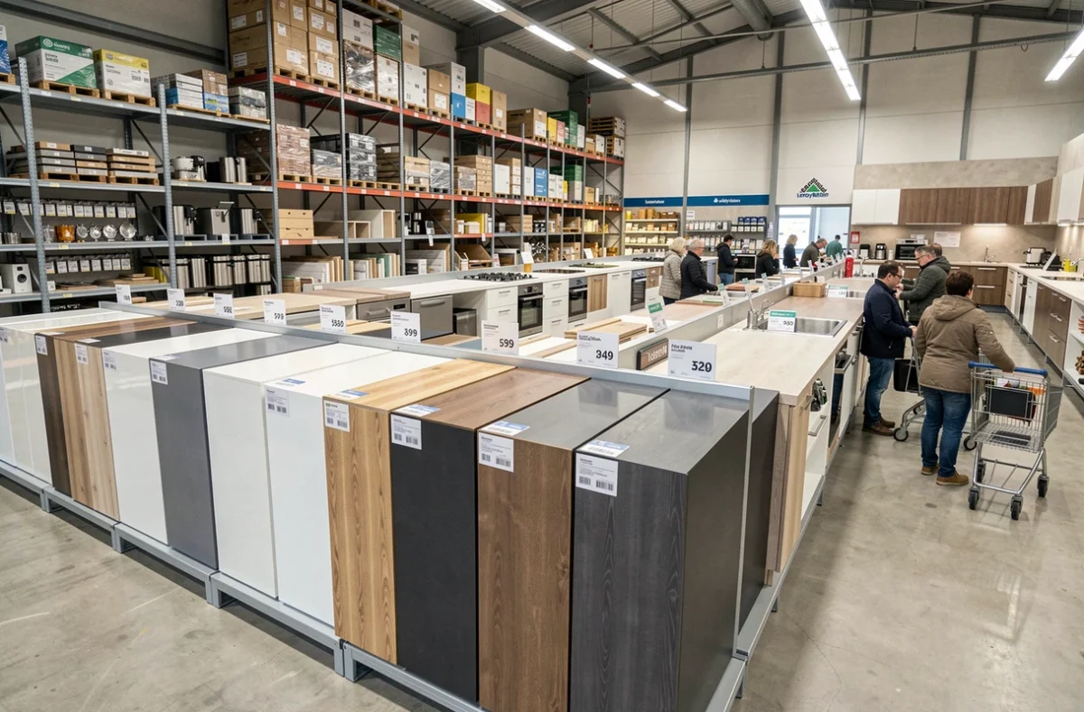 Rayon cuisines du magasin Leroy Merlin de Plérin avec échantillons de façades exposés