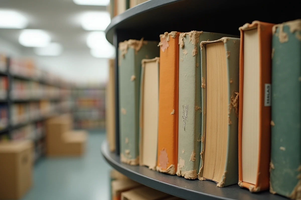 Gros plan sur des livres d'occasion usés avec étiquettes de prix sur une bibliothèque tournante en dépôt-vente