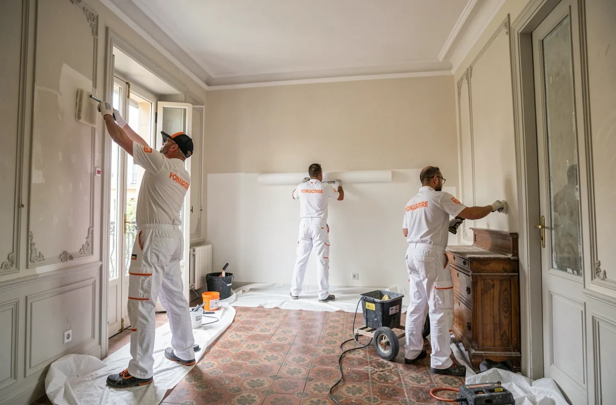 Équipe de Lyon Rénovation en train de rénover et peindre un appartement lyonnais
