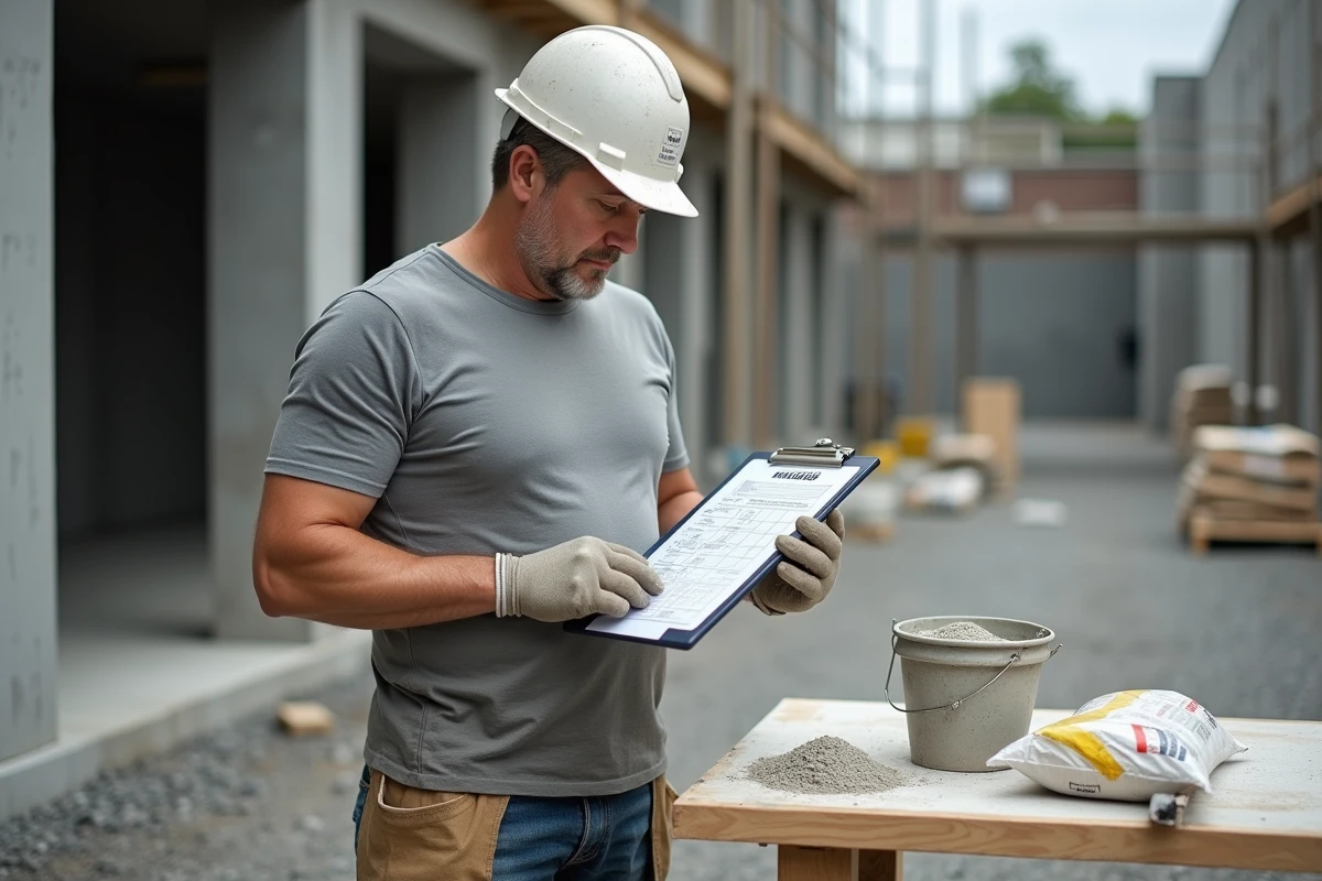 Maçon consultant un tableau de dosage pour le calcul d'une chape béton sur un chantier de construction