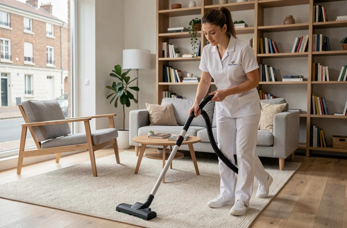 Employée Maideo en uniforme blanc passant l'aspirateur dans un salon moderne à Rennes