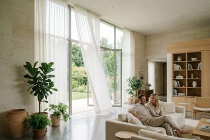 Intérieur de maison haut de gamme avec grandes baies vitrées et ventilation naturelle en été pour un confort thermique optimal