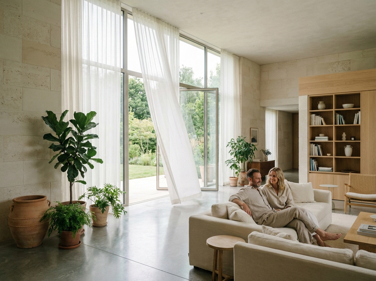 Intérieur de maison haut de gamme avec grandes baies vitrées et ventilation naturelle en été pour un confort thermique optimal