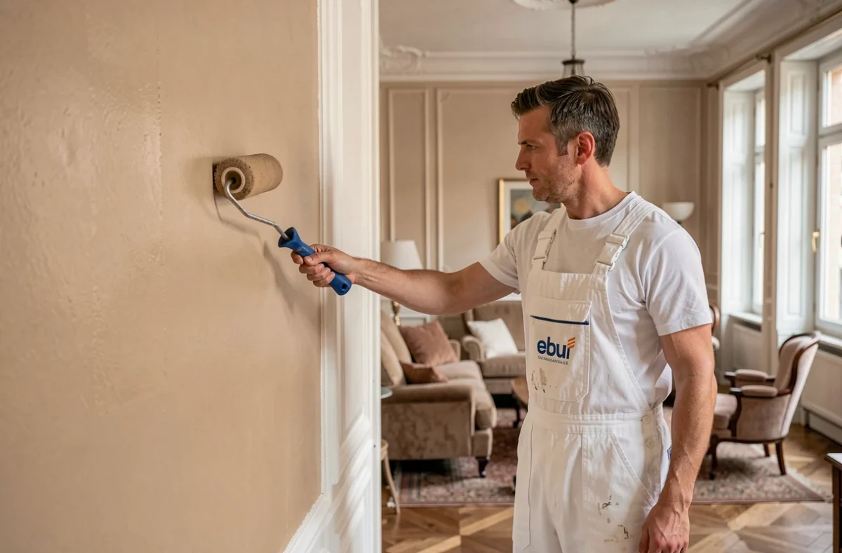 Décorateur peintre de Maison Lannoy appliquant une peinture beige dans un intérieur lyonnais de style haussmannien