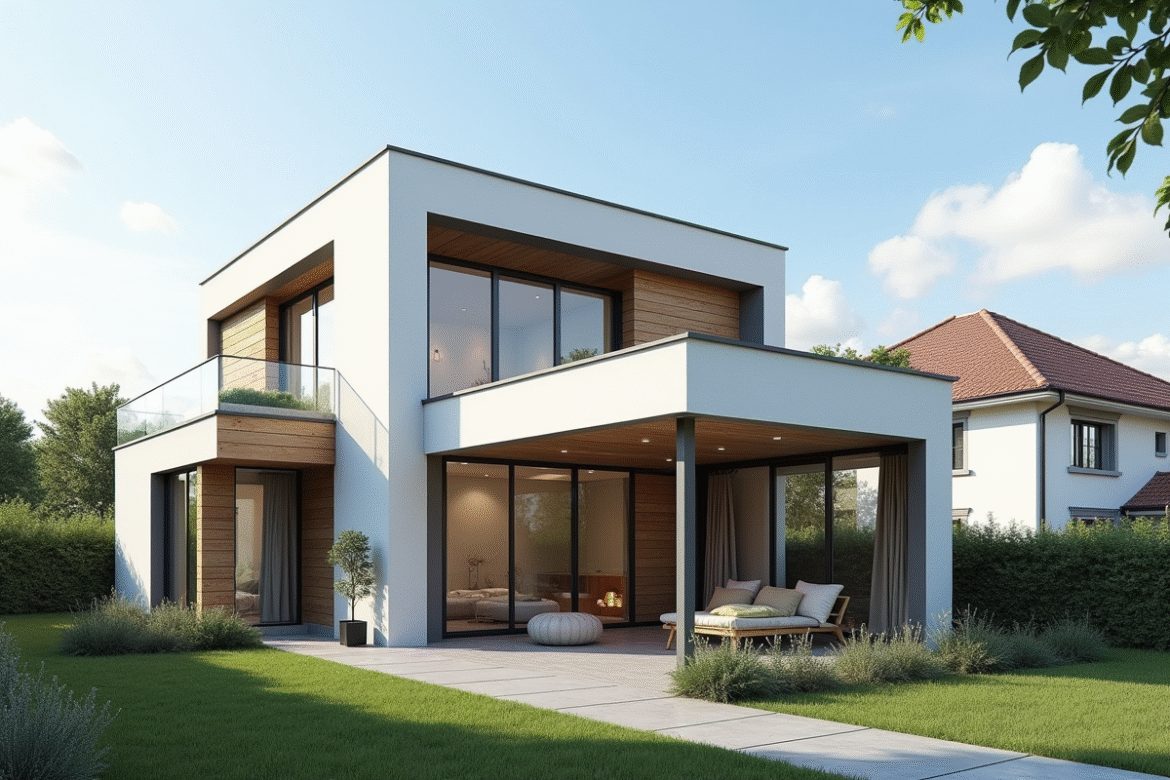 Maison moderne avec extension neuve dans un quartier ensoleille