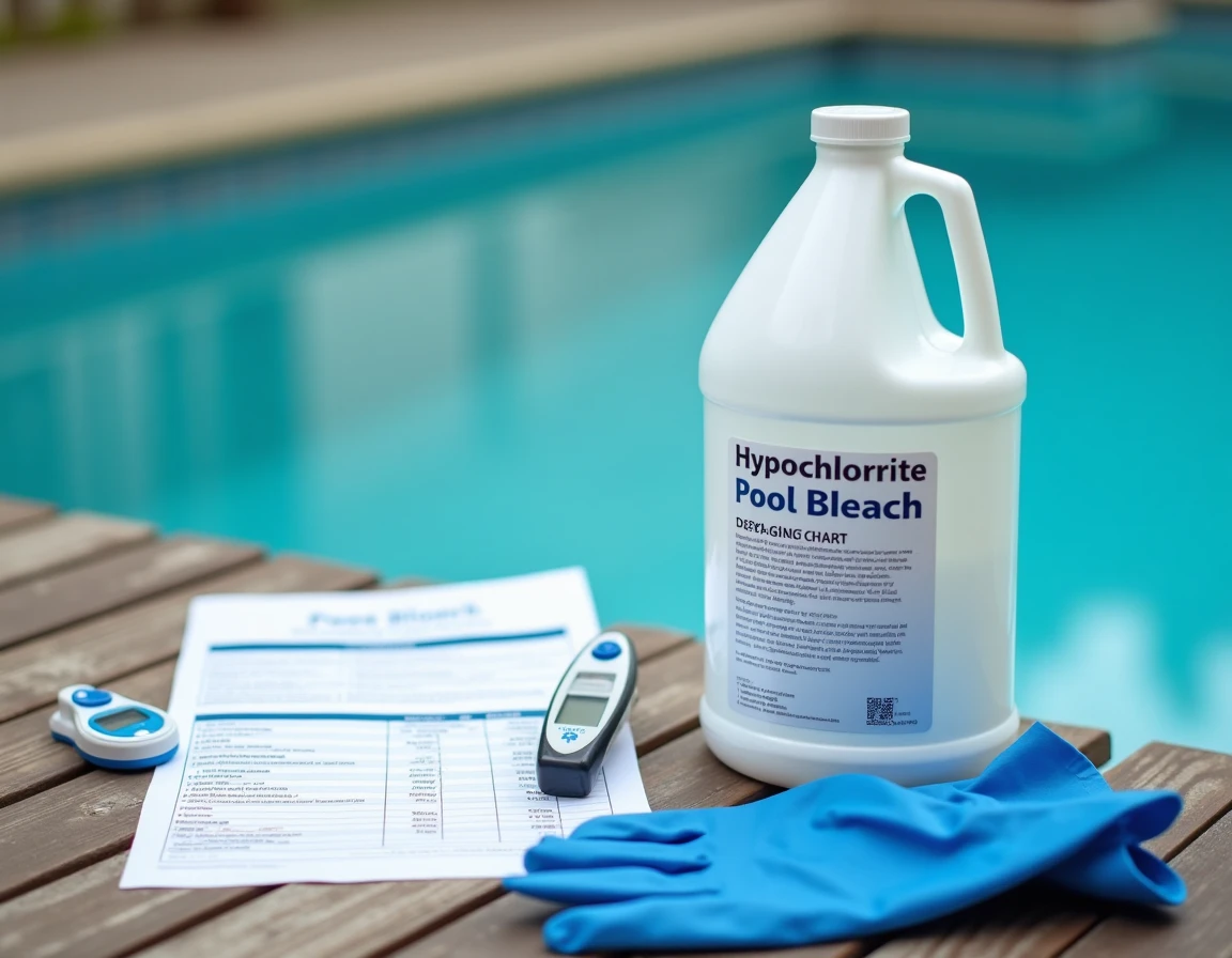 Bouteille d'eau de javel pour piscine, testeur pH et tableau de dosage posés sur une table en bois au bord d'un bassin de 50 m3