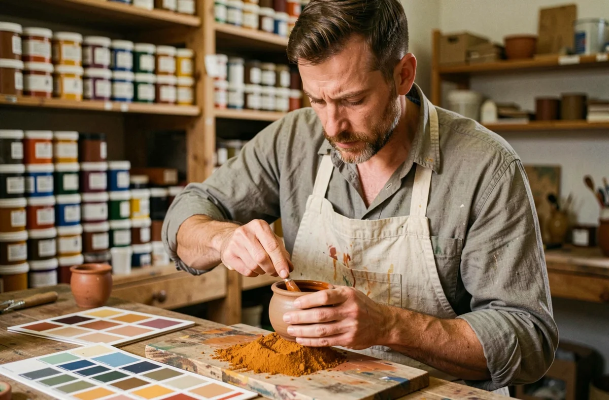 Artisan peintre de Matière et Nuance mélangeant une couleur personnalisée dans son atelier du Rhône