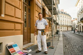 Peintre en bâtiment professionnel devant une façade rénovée dans le Rhône