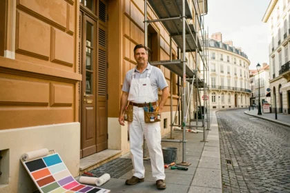 Peintre en bâtiment professionnel devant une façade rénovée dans le Rhône