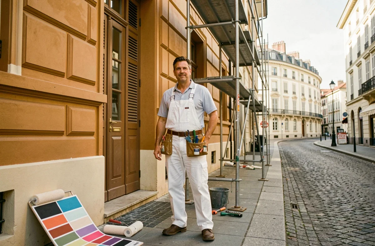 Peintre en bâtiment professionnel devant une façade rénovée dans le Rhône