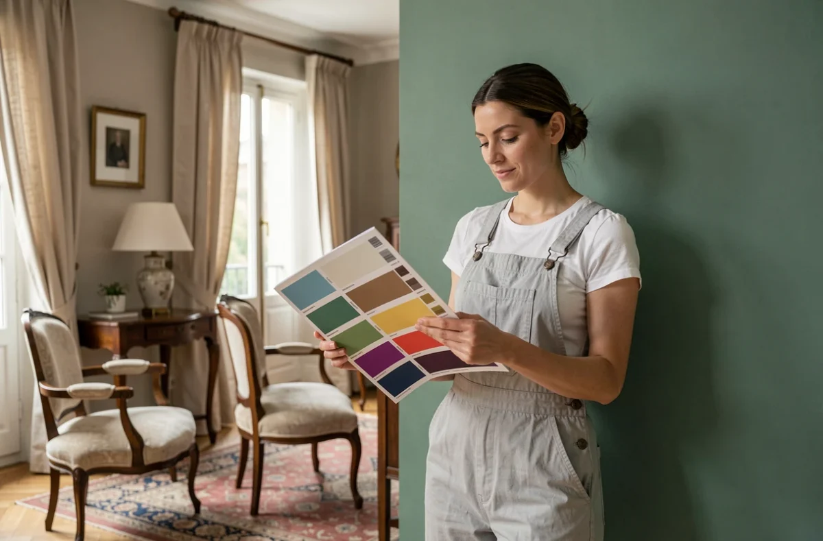 Décoratrice de Mellard Déco consultant un nuancier devant un mur peint vert sauge dans un appartement lyonnais