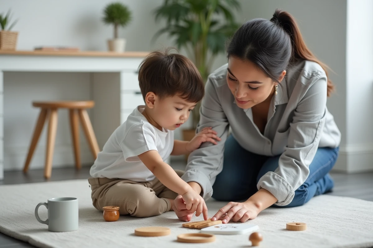 Mère et enfant explorant des objets en M posés sur un tapis de jeu à la maison
