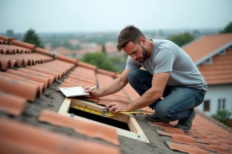 Artisan mesurant l'ouverture d'une fenêtre de toit sur une toiture en tuiles avant installation