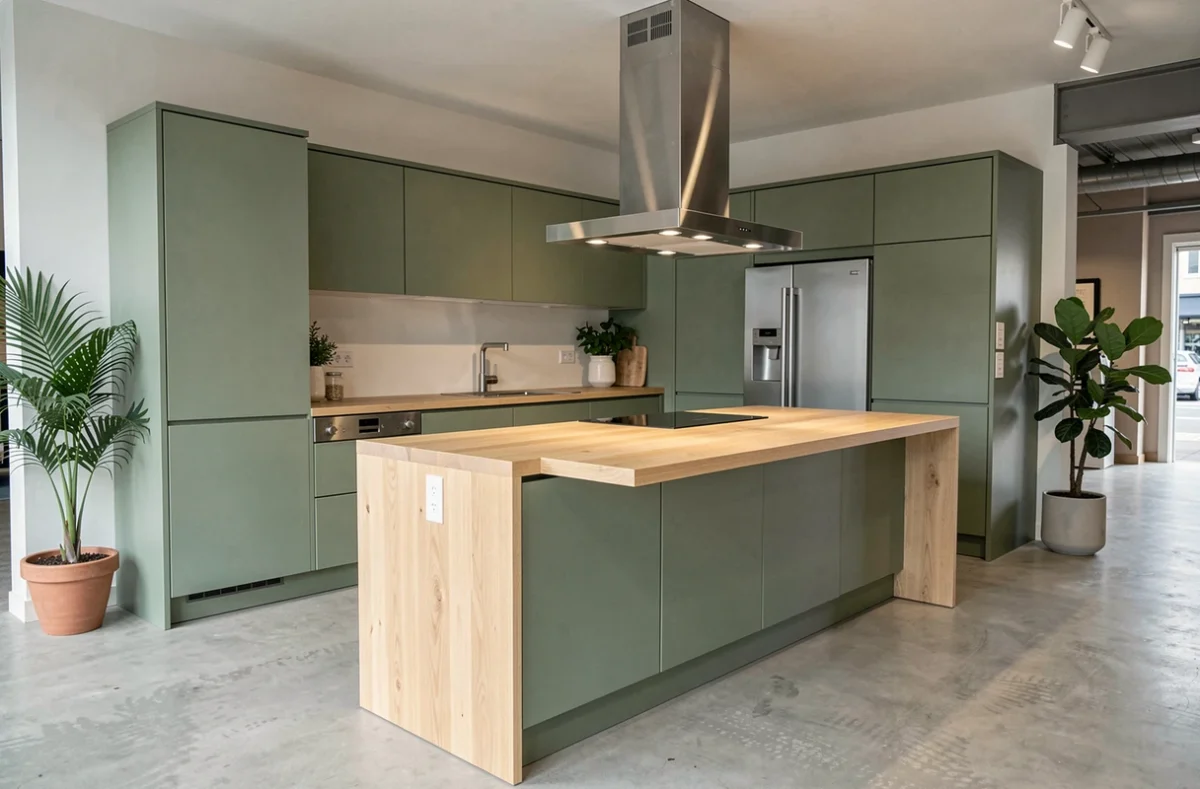 Cuisine Mobalpa en vert sauge exposée dans le showroom de Lannion
