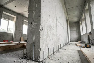 Mur de refend en béton brut dans une maison individuelle en construction, montrant la structure porteuse perpendiculaire à la façade
