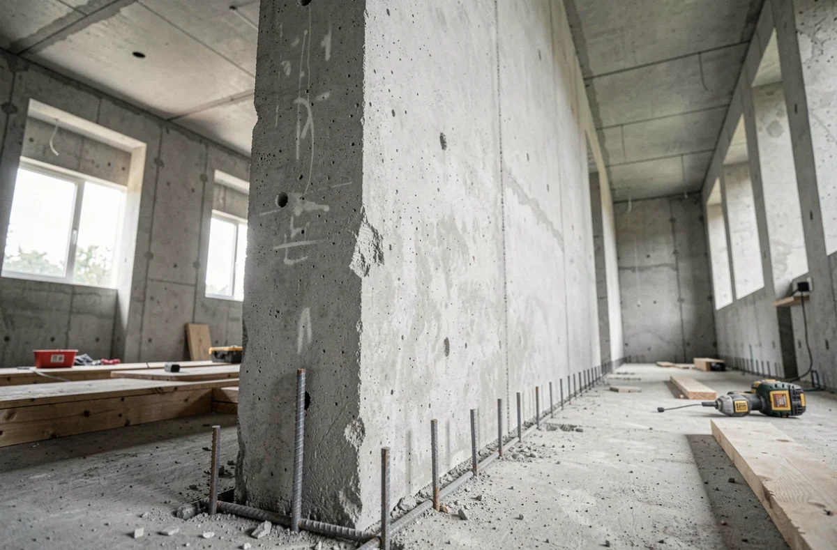 Mur de refend en béton brut dans une maison individuelle en construction, montrant la structure porteuse perpendiculaire à la façade
