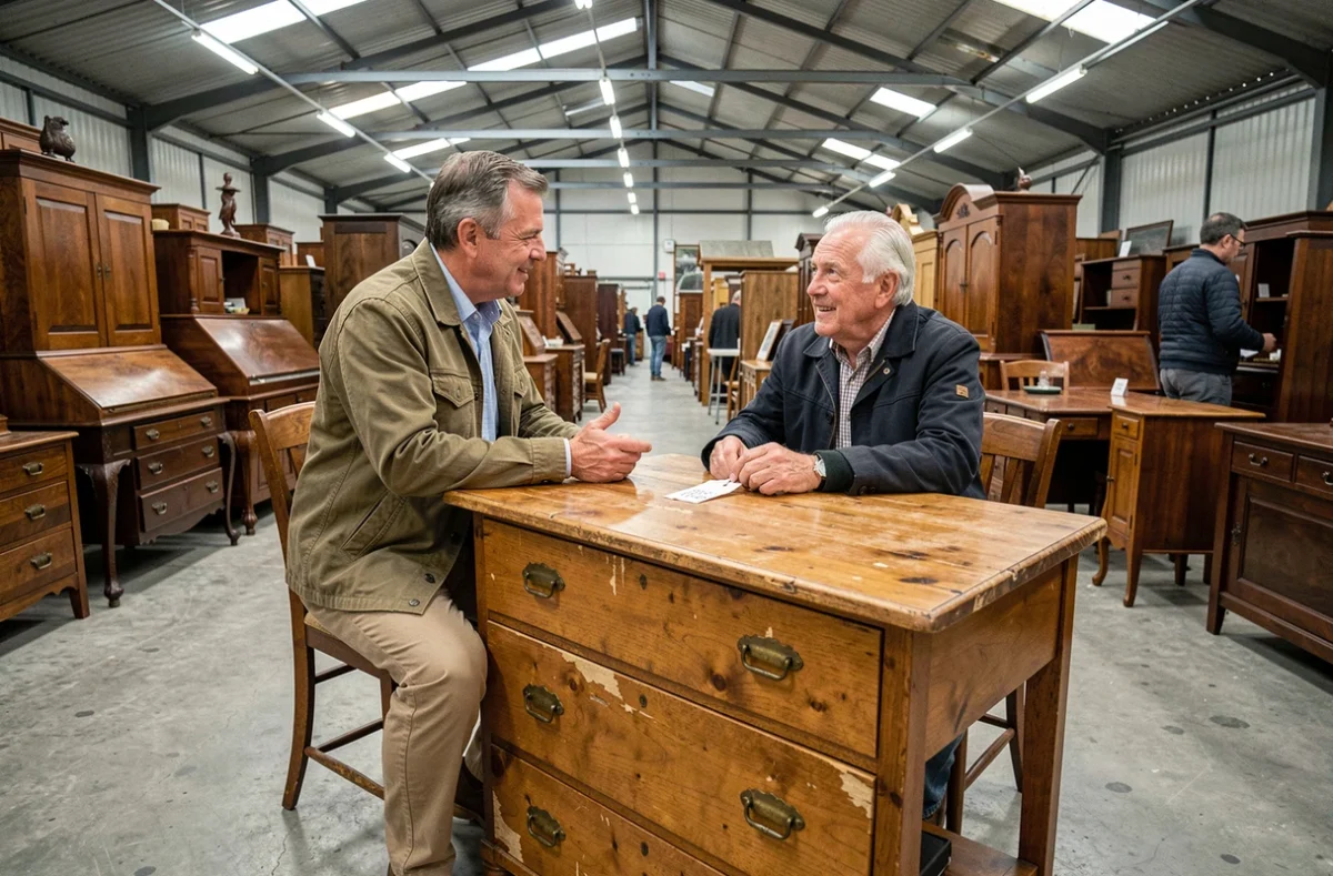 Homme négociant le prix d'un meuble ancien en bois avec un vendeur de brocante dans un marché intérieur