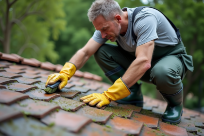 Homme en vêtements de travail nettoyant un toit avec une brosse écologique