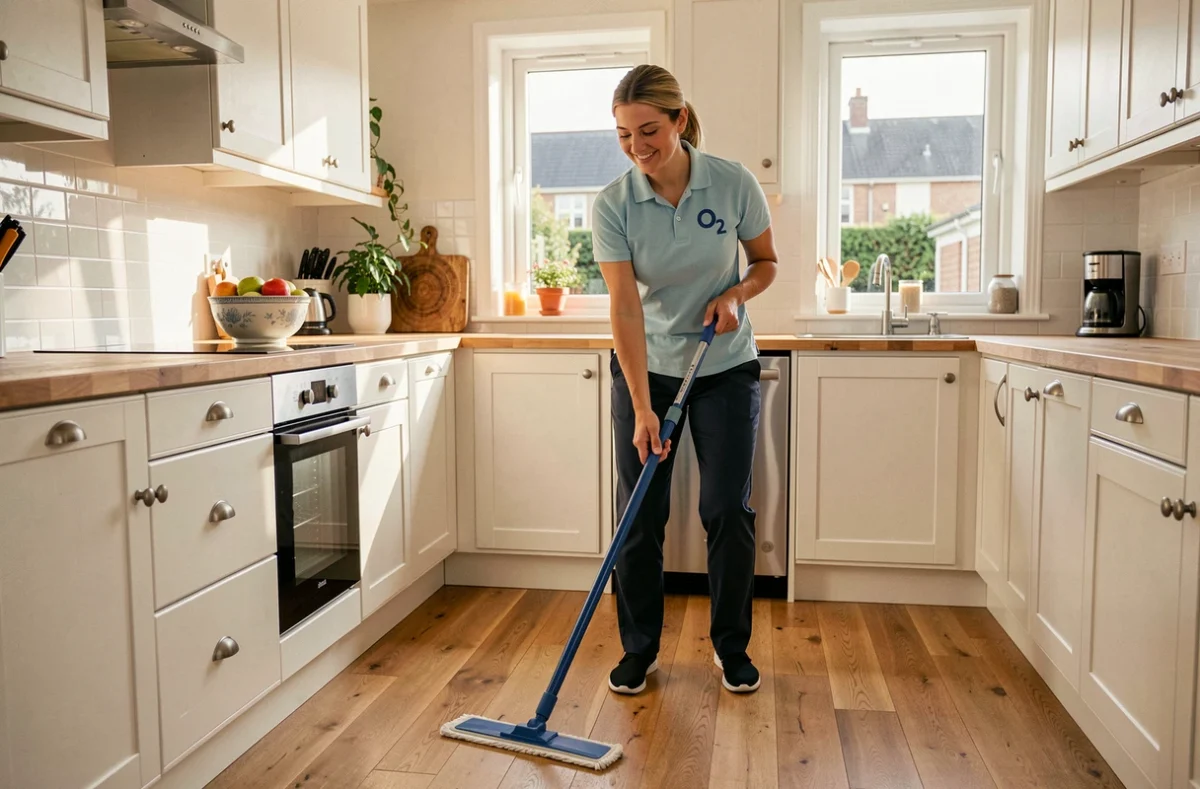 Employée O2 Rennes nettoyant le parquet d'une cuisine familiale chaleureuse avec une serpillière plate
