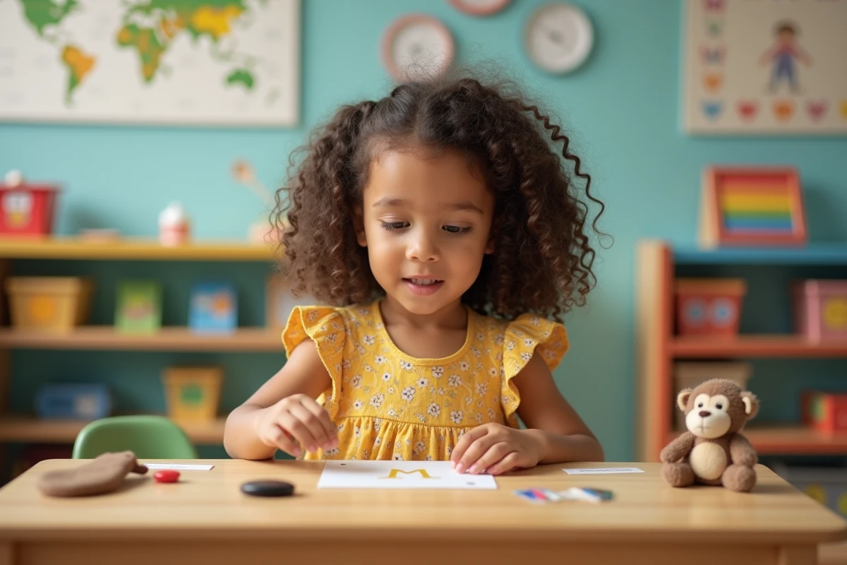 Petite fille découvrant des objets commençant par la lettre M sur une table de classe