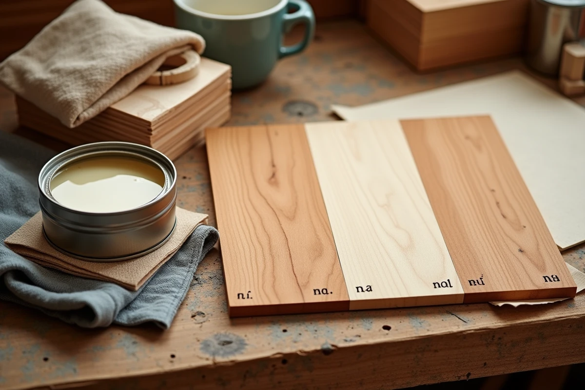 Outils et produits pour l'application de vernis POLILAR disposés sur un établi en bois, montrant les différentes étapes de traitement du bois