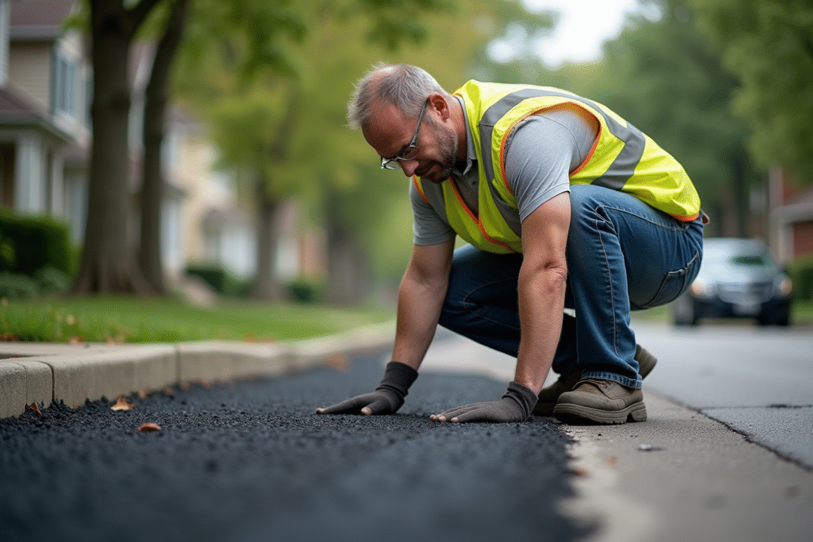 Ouvrier construction inspectant l'asphalte noir frais