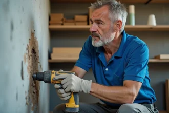 Ouvrier de bâtiment vérifiant l'alignement d'un trou en béton