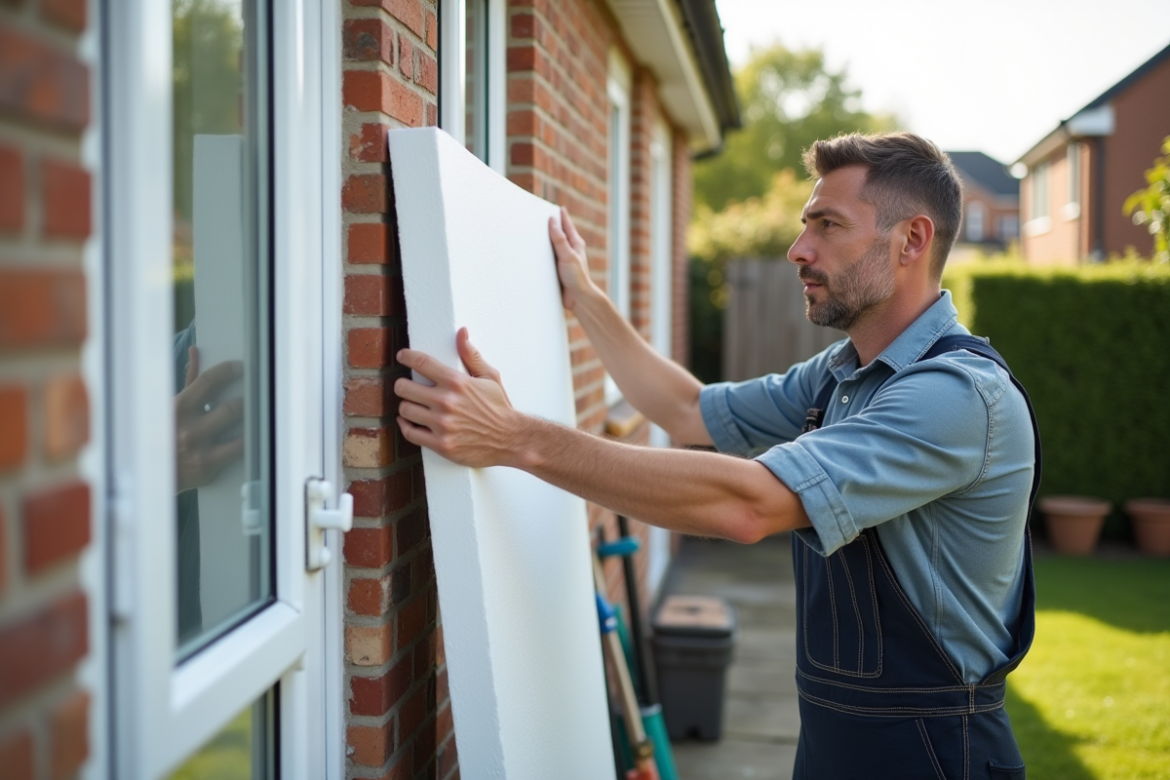 Ouvrier en overalls posant une panneau d'isolation polystyrene