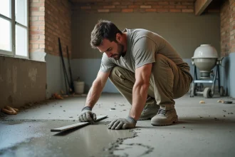 Ouvrier qui lisse une chape de béton fraîchement coulée dans une pièce en construction avec un outil de mise à niveau