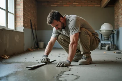 Ouvrier qui lisse une chape de béton fraîchement coulée dans une pièce en construction avec un outil de mise à niveau