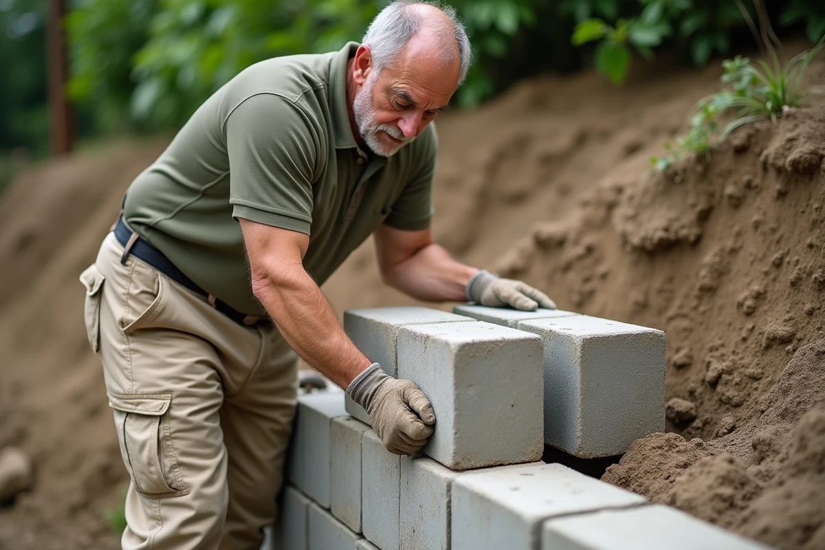 Ouvrier posant un parpaing 20 sur un mur de soutènement en construction dans un jardin en pente