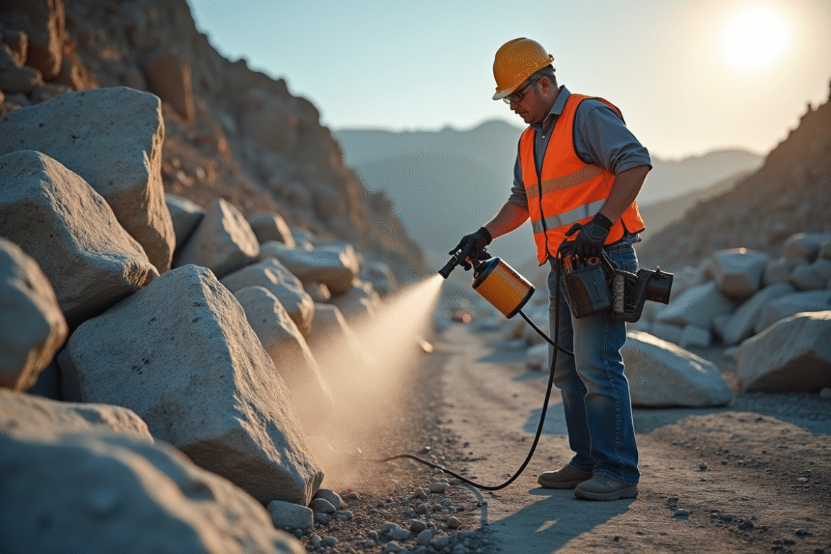 Ouvrier en sécurité appliquant un adhésif sur de gros rochers en extérieur
