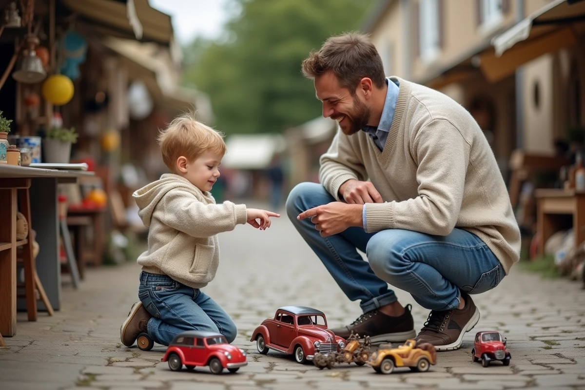 Pere et son enfant examinant des jouets vintage en brocante en Loire Atlantique