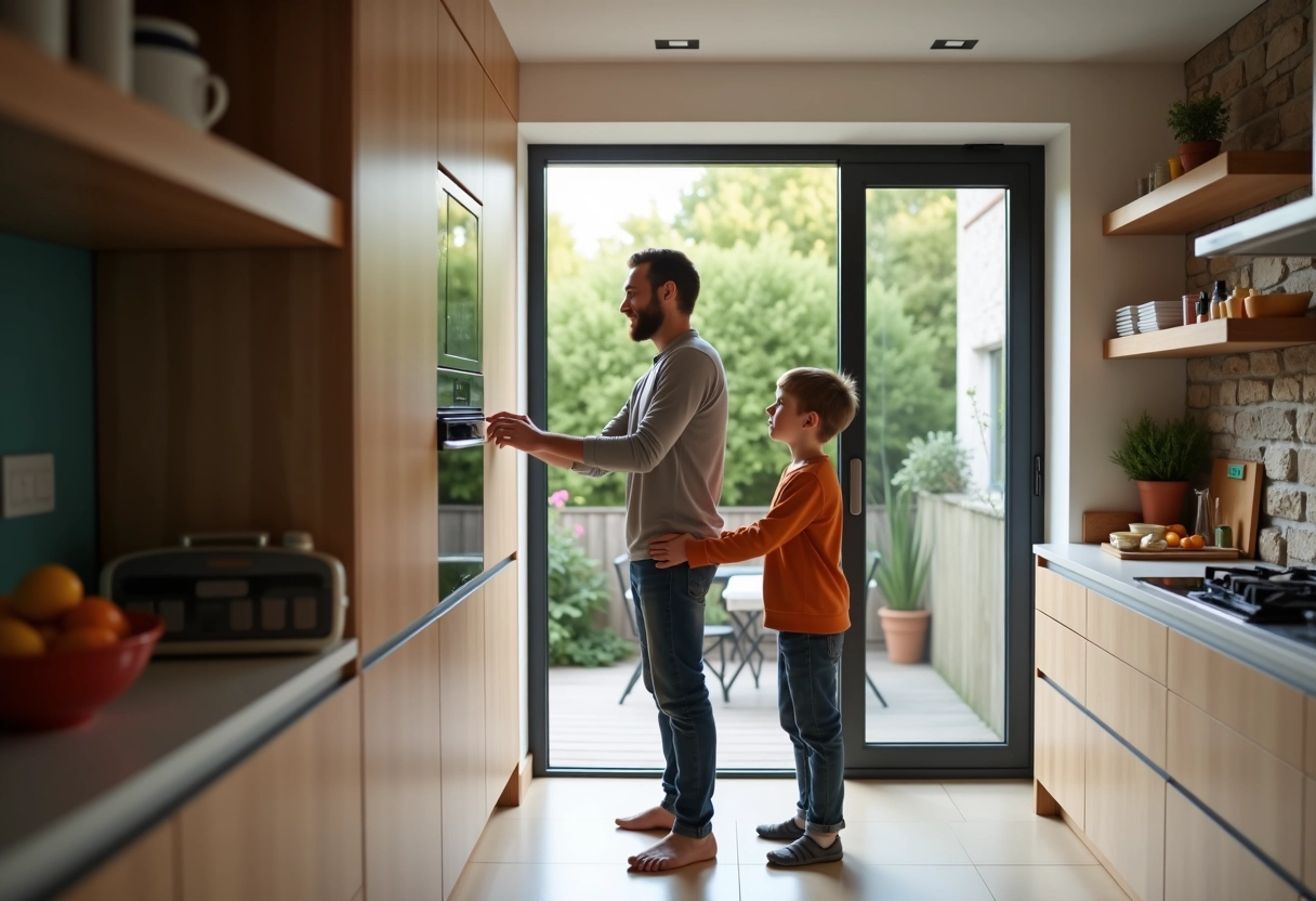Père et fils utilisant un panneau de contrôle intelligent dans la cuisine