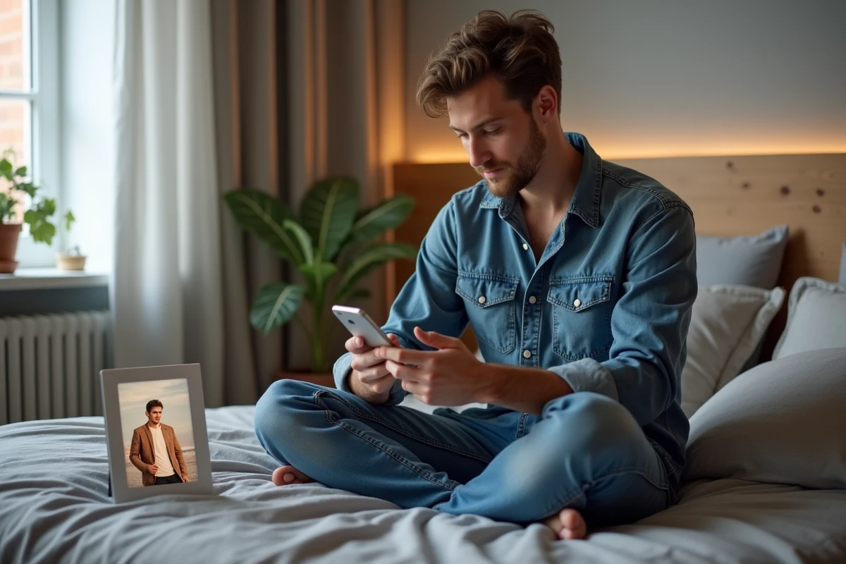 Jeune homme envoyant une photo sur un cadre connecté depuis son smartphone dans une chambre moderne