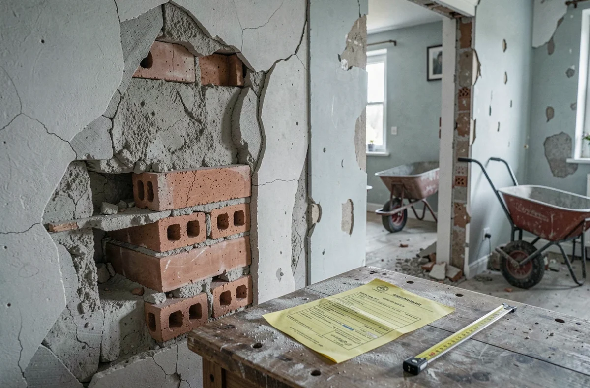 Mur non porteur ouvert avec briques creuses apparentes et document de permis de démolir posé sur un établi de chantier