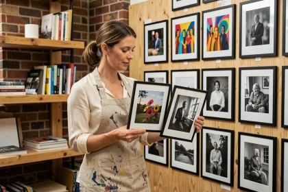 Photographe comparant des tirages en couleur et en noir et blanc dans un studio artistique