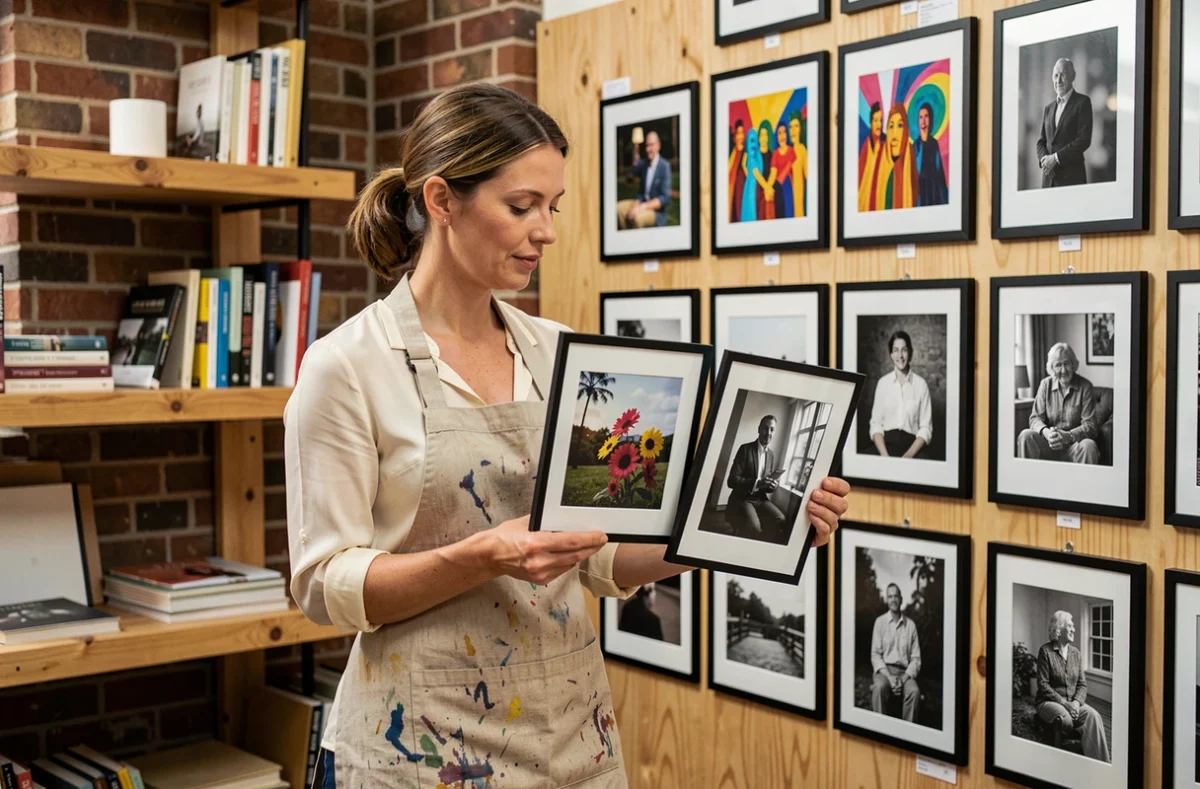 Photographe comparant des tirages en couleur et en noir et blanc dans un studio artistique
