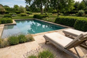 Piscine enterrée intégrée dans un jardin élégant avec margelles en travertin et haies taillées