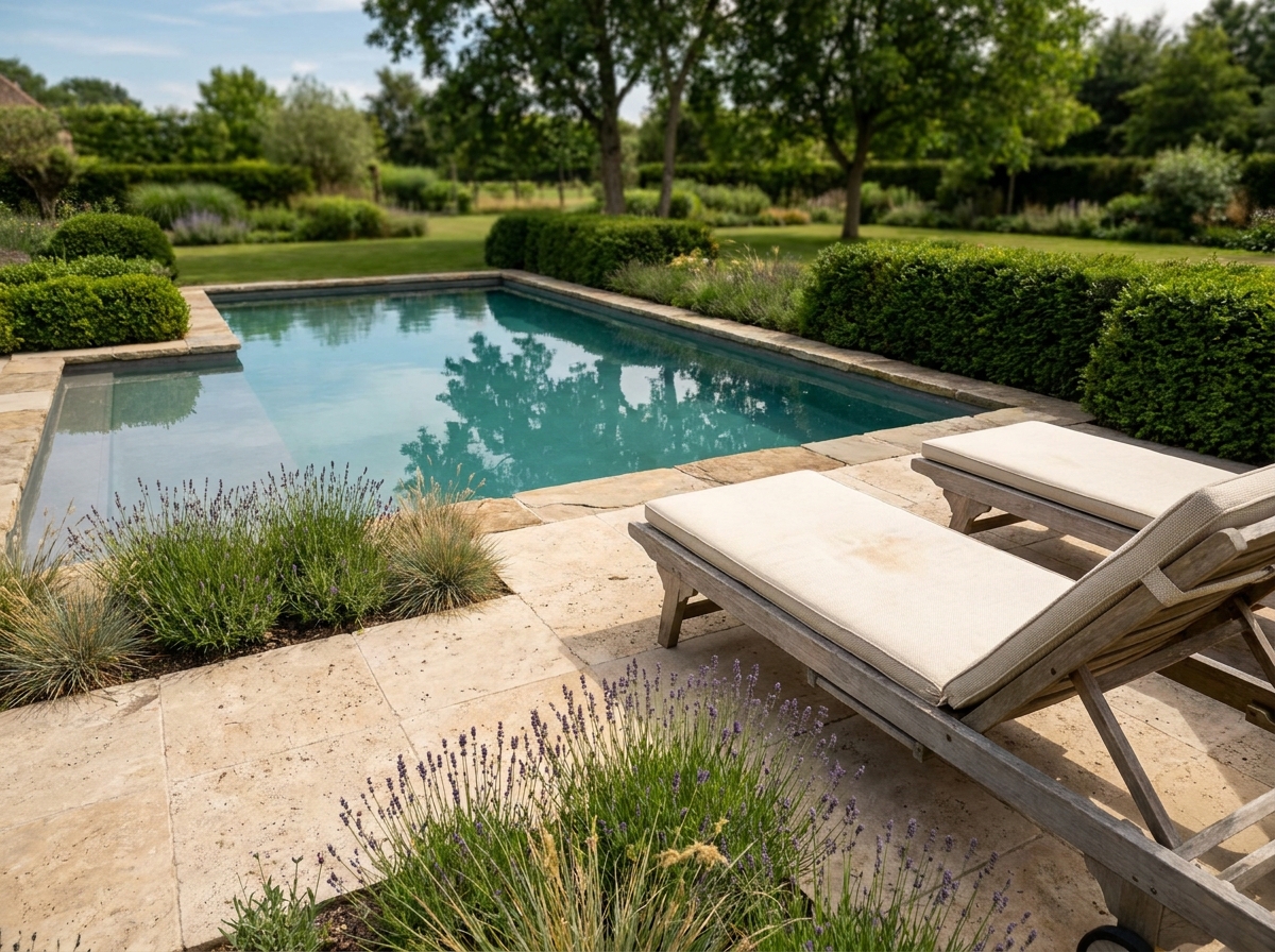 Piscine enterrée intégrée dans un jardin élégant avec margelles en travertin et haies taillées