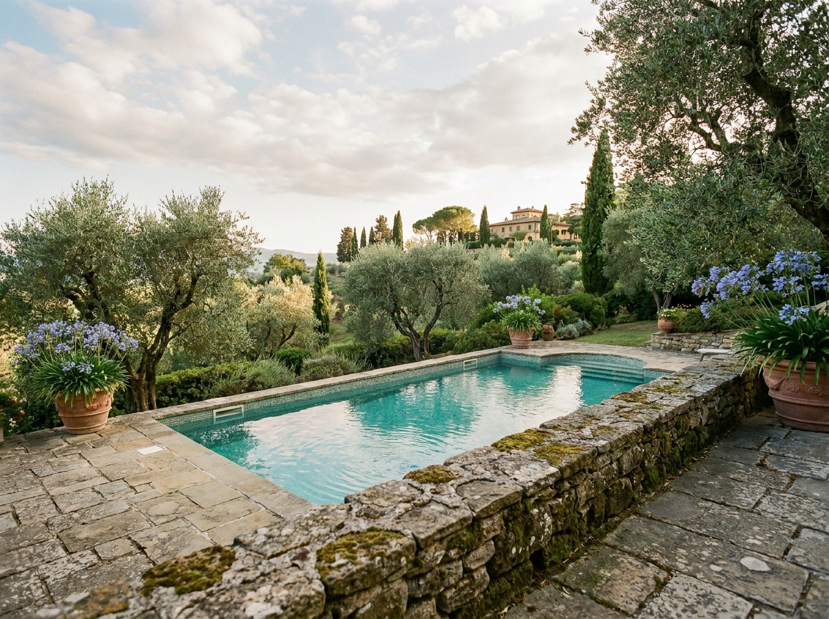 Vue en plongée d'une piscine enterrée avec margelles en mosaïque dans un jardin méditerranéen avec oliviers