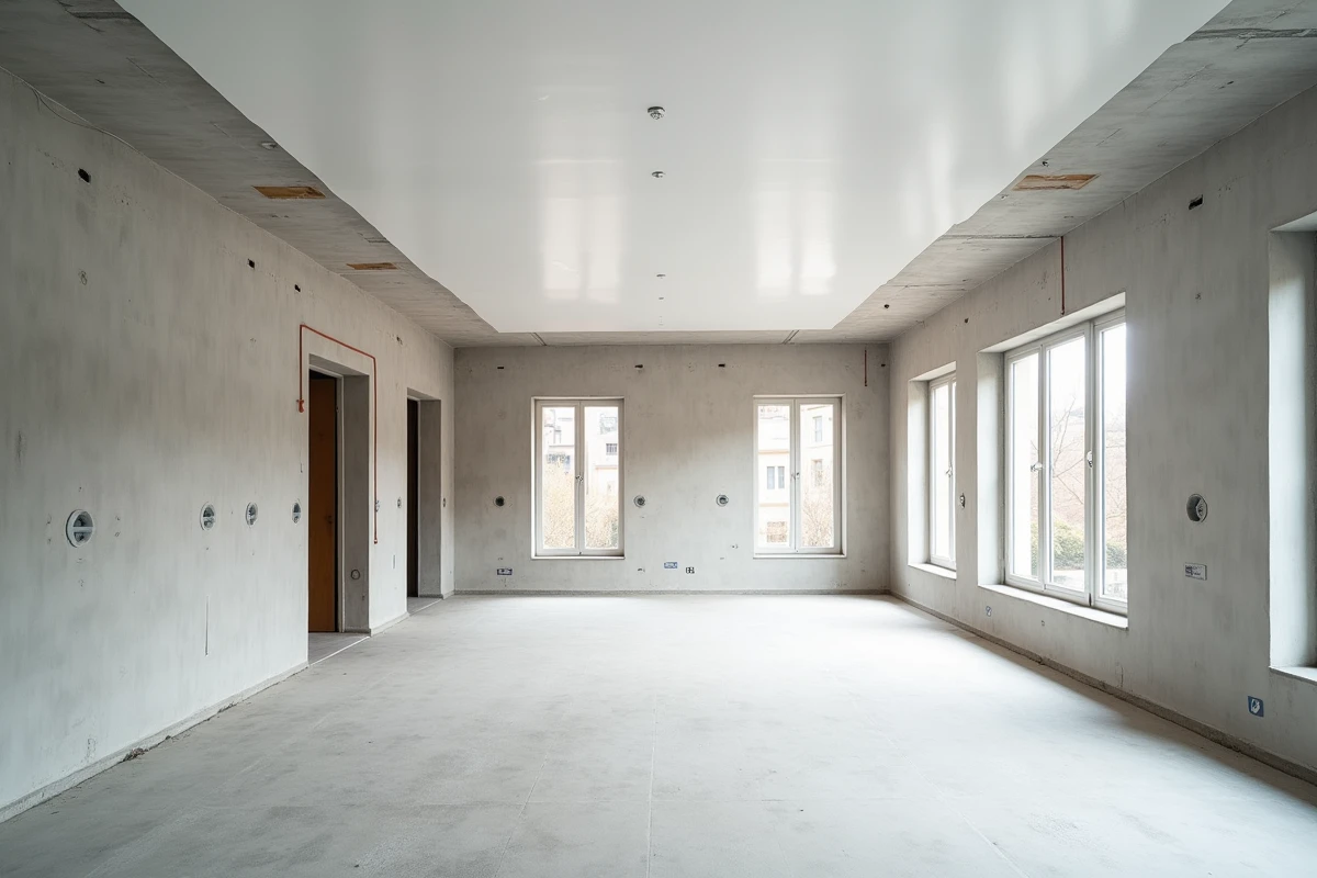 Plafond tendu brillant installé dans un grand appartement en rénovation montrant la surface et les rails en aluminium